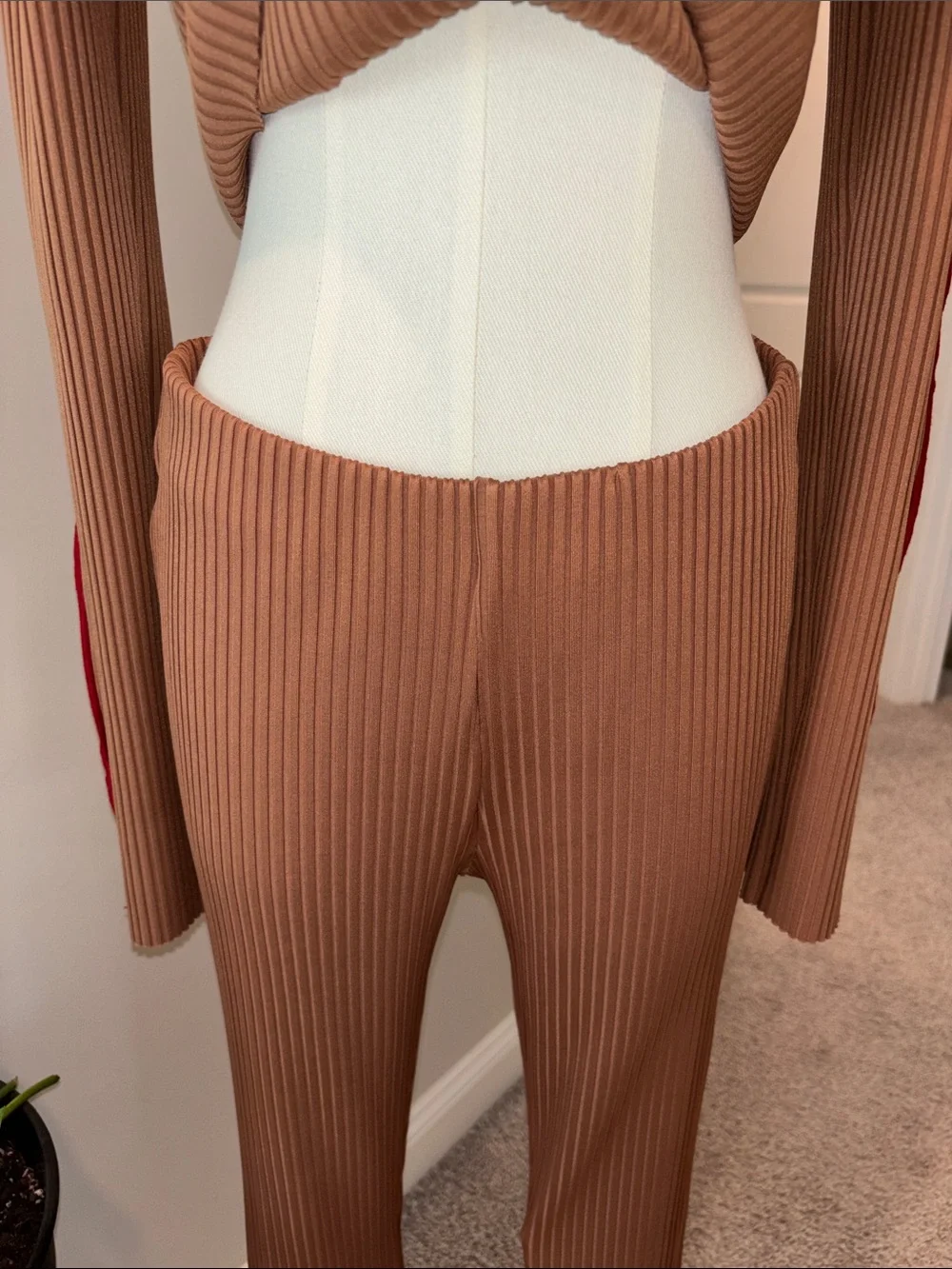 Zara Brown Ribbed Knit Pant Set with Burgundy Contrast Trim